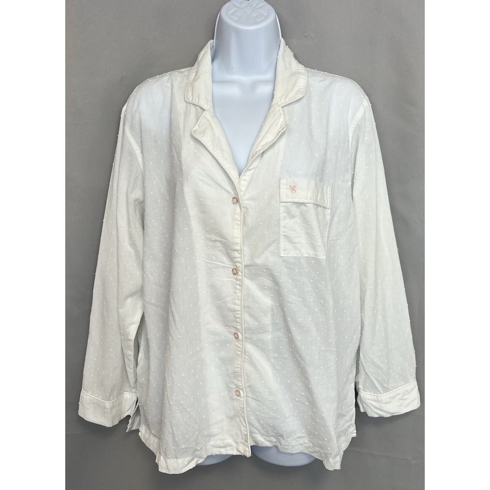 Victorias Secret Button Down Pajama Top Sleepwear Large White Cotton Long Sleeve